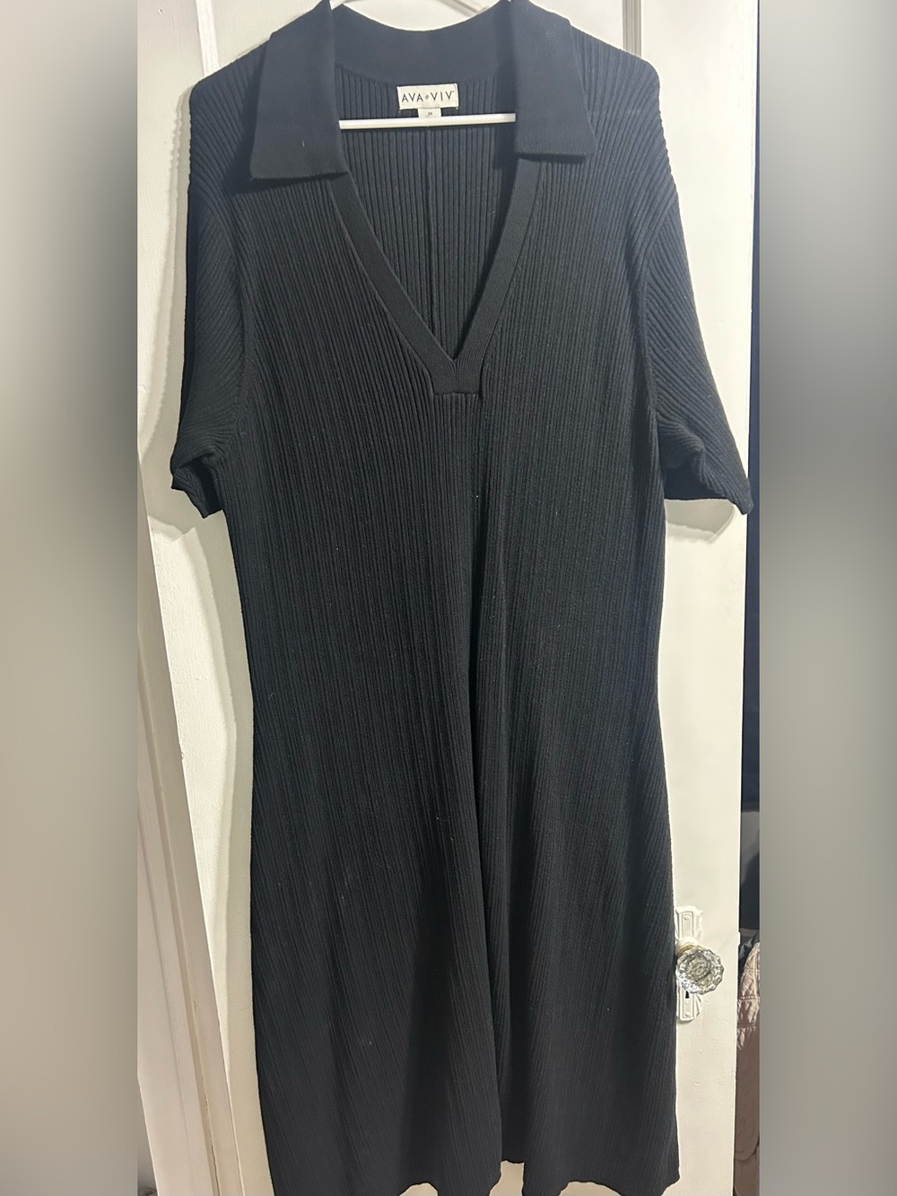 Ava & Viv Black Ribbed V-Neck Collar Knit Dress